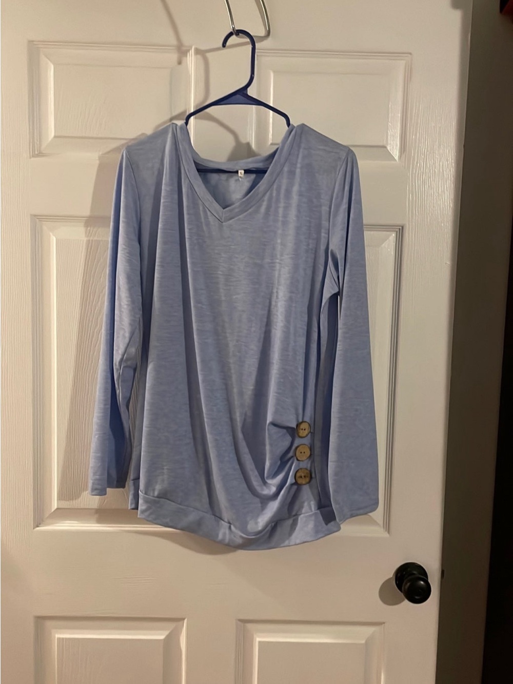 Light Blue V-Neck Long Sleeve Top with Button Detail